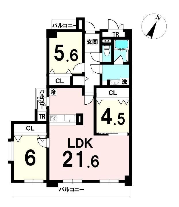 【間取り】
南西角×3面バルコニーの開放感。21.6帖LDKと3洋室、2つのTRを備えた収納豊富なゆとりの3LDK。