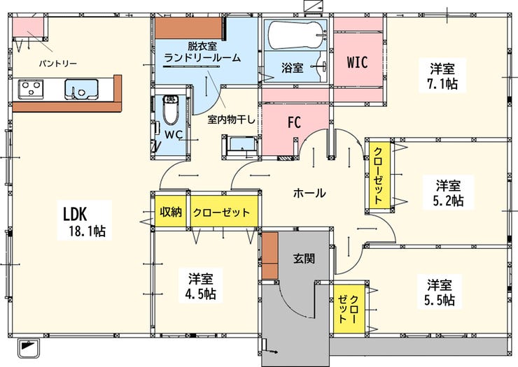 【間取り】
駐車場並列5台可能♪平屋♪小倉南区東水町新築戸建て◎ファミリークローゼット◎室内物干し◎LDK18帖