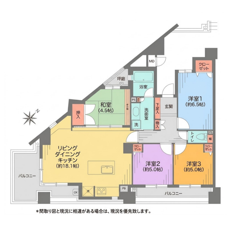 【間取り】
85.47㎡の4LDK。18.1帖のLDKに和室と洋室3部屋を配置。
家族それぞれのお部屋をつくりやすい間取りです。