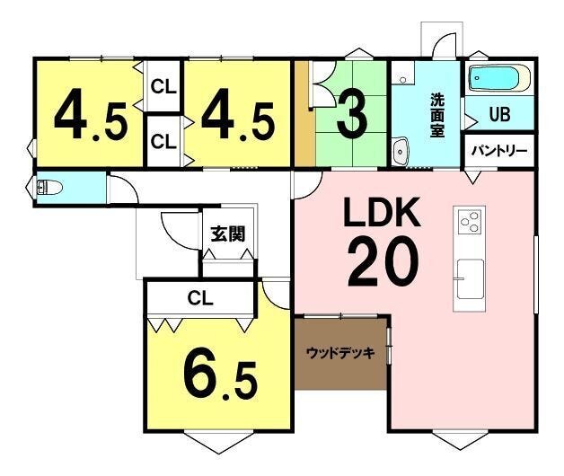 【間取り】
【佐賀市高木瀬西4丁目第4】
20帖の奥行きのあるリビングと和モダンな3帖の和室が特徴的な間取りです。
洗面室の勝手口から荷物の搬入・ゴミ出しが可能な家事ラク動線も魅力♪