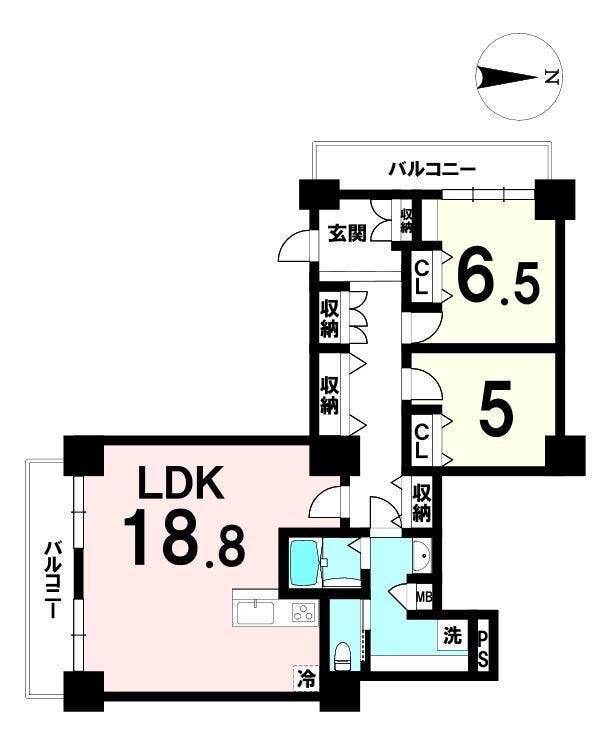 【間取り】
18.8帖のLDKを中心に、6.5帖・5帖の洋室を備えた使いやすい2LDK。
南西向き2面バルコニーで明るい住空間。
水回りはすべて2026年に交換済みで快適に暮らせます。