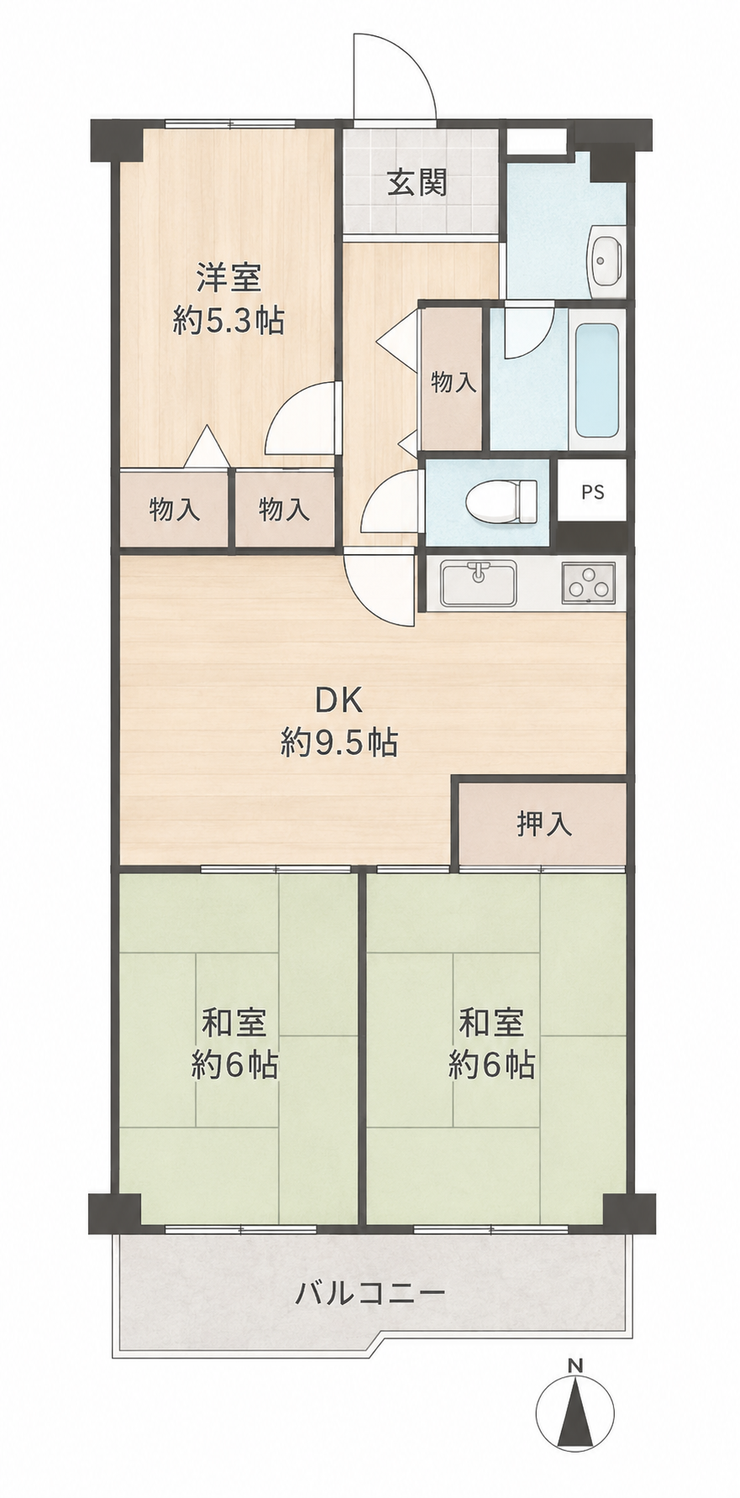 【間取り】
専有面積63.28㎡、3DK、11階、南向きバルコニー
