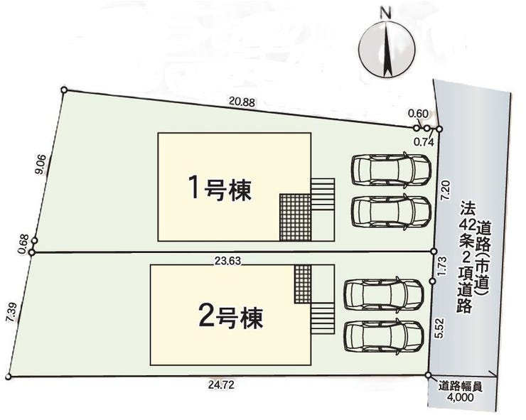 【並列駐車2台可能な全体区画】東側道路に面した全2区画の分譲地!車の出し入れがスムーズな並列駐車スペースを確保しています。