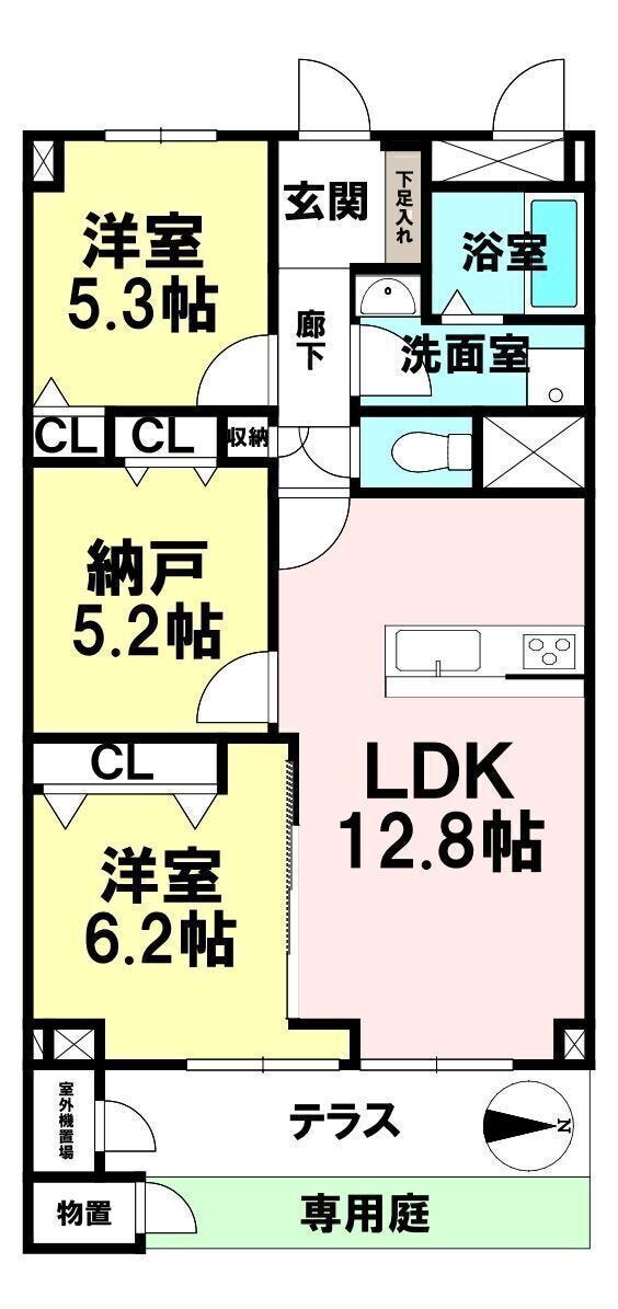 【間取り】
各部屋収納付きでお部屋がすっきり片付きます。プライベートガーデンありで、マンションなのに「自分だけの庭」がある特別感が味わえます◎