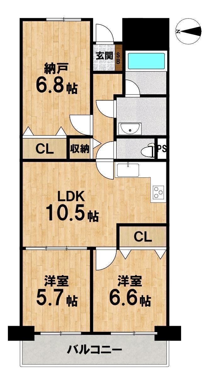 【間取り】
全居室が使いやすい2SLDK。約6.8帖の納戸は居室感覚で使え、各部屋収納付き。家族でも在宅ワークでも暮らしやすい間取りです。