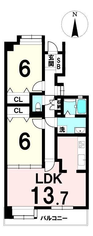 【間取り】
使い勝手の良い2LDK。LDKは約13.7帖で家具配置がしやすい広さ。
洋室2部屋はどちらも約6帖、収納も確保。
浴室は窓付き+追い焚き、北側洋室には新規エアコン設置済