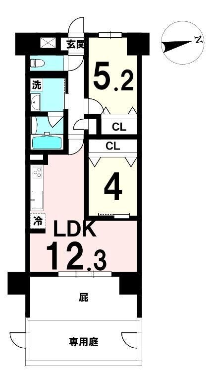【間取り】
12.3帖LDKと2洋室の使いやすい2LDK。専用庭が暮らしに広がりを生み、1階ならではの快適性を備えた住戸。