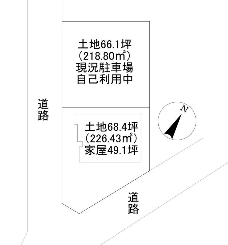 土地2区画のまとまった角地
駐車場部分は建築や家庭菜園など土地活用可能