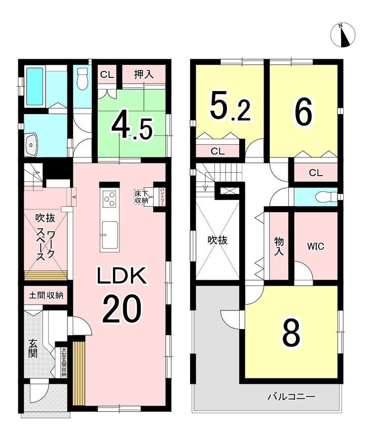 【間取り】
【20帖LDK+吹抜けの開放的な間取り】
20帖の広々としたLDKに吹抜けを設け、明るく開放感のある空間に♪
吹抜け部分にはワークスペースがあり、勉強や仕事、読書など多目的に活用できます!