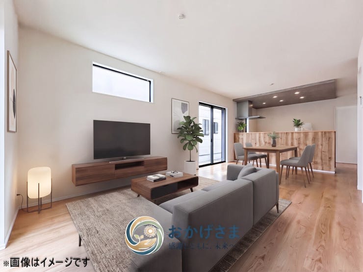【リビング】
【リビング・ダイニング】
※画像は家具設置イメージです。
木の温もりに包まれた広々LDK。スタイリッシュな対面キッチンとアクセント天井が空間を上品に魅せます。