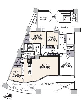 【間取り】
専有面積133.37㎡の4LDK角住戸。
約25.6帖のLDKに、
約10.4帖・7.2帖・6.0帖の洋室があります。
ガーデンリビングもあり、
家族それぞれの居場所をつくりやすい間取りです。