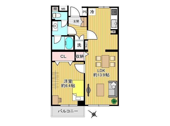 【間取り】
南西向きの1LDK。賃貸中