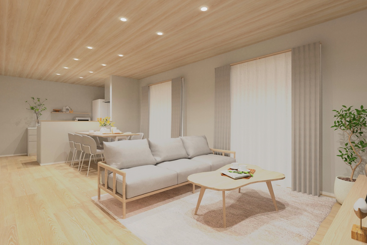 18帖のLDKは、住まいの中心となる空間として十分な広さを確保。採光・動線・家具配置のしやすさが揃い、家族のライフスタイルに柔軟に寄り添う居心地の良いリビングです。