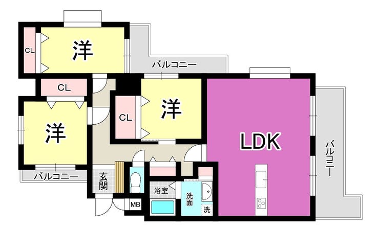 【間取り】
【2026年11月リフォーム】ホワイトキャッスル八幡駅東♪皿倉小・尾倉中♪角部屋♪3面バルコニー♪