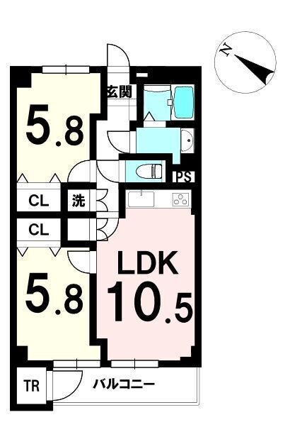 【間取り】
南西向きの明るい2LDK。
5.8帖洋室が2部屋で使い勝手◎
LDK10.5帖は家具配置がしやすく、回遊性の高い生活動線。