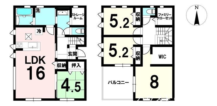 【間取り】
南向き採光と豊富な収納が魅力。和室付きで家事動線も良好な4LDKプラン。