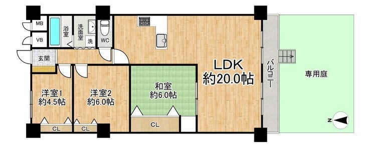【間取り】
◆3LDK◆専有面積76.68㎡◆バルコニー面積7.68㎡◆専用庭面積32.00㎡