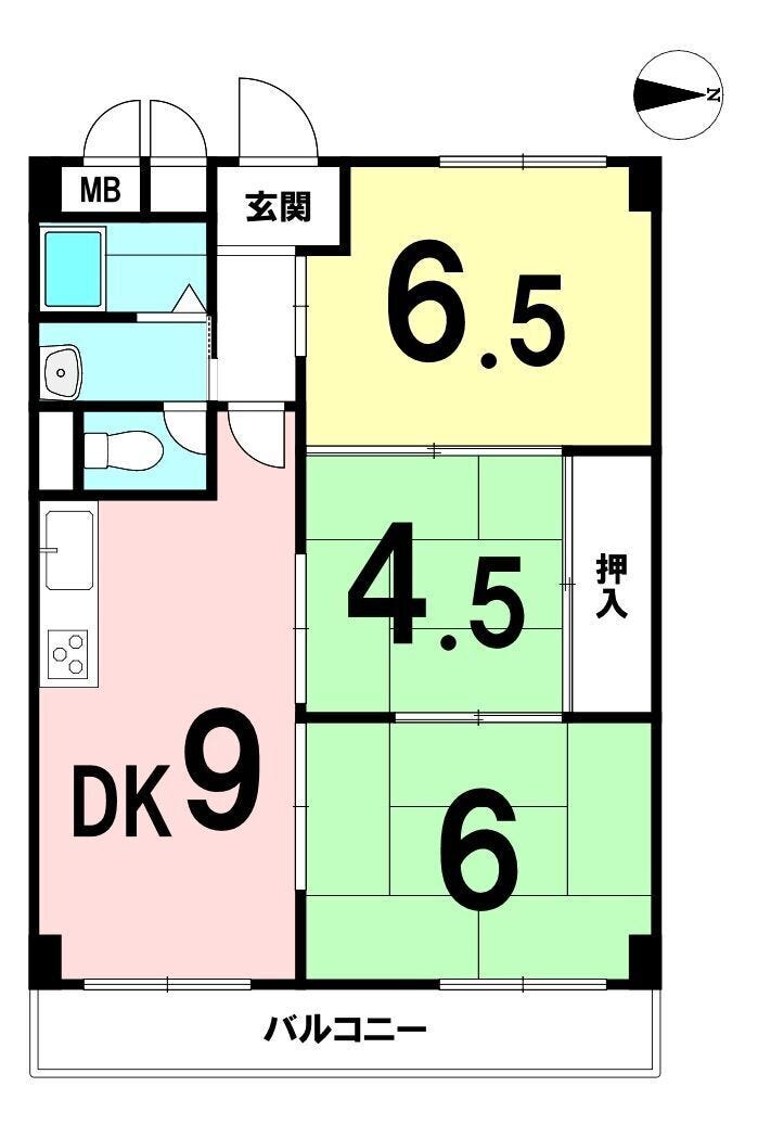 【間取り】
DK9帖に加え、6.5帖・4.5帖・6帖の3部屋を備えた3DKです。専有面積56㎡超で、寝室・書斎・子ども部屋など用途に合わせて使い分けられます。