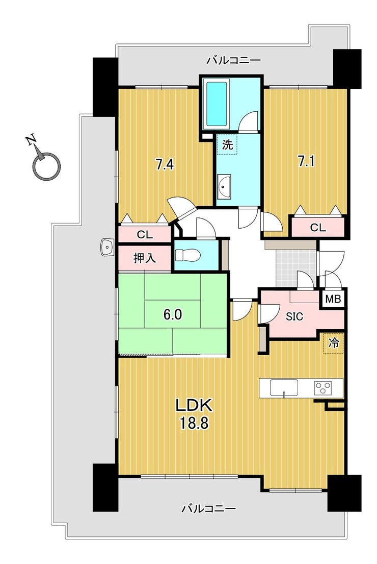 【間取り】
☆内装リフォーム3LDK+三面バルコニー☆
専有面積88.05㎡・バルコニー面積47.92㎡