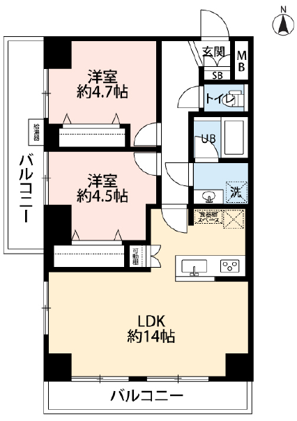 【間取り】
専有面積60平米、南西角住戸×2面バルコニーの2LDKです。新規リノベーションは9月完了予定、エアコンが1基設置されています。