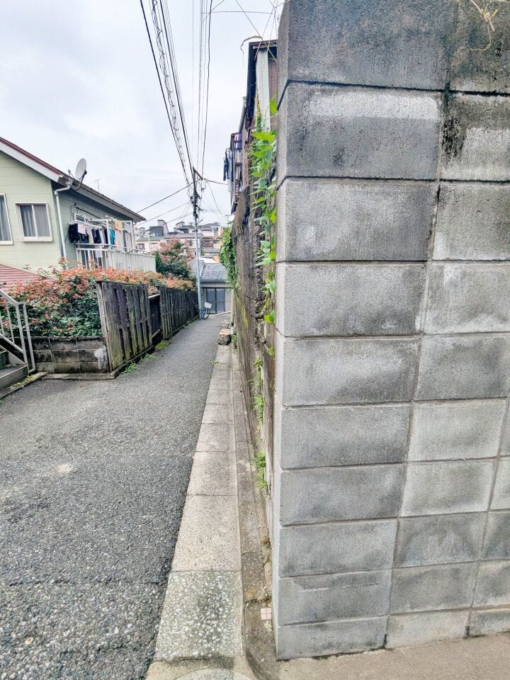 通路沿いのブロック壁と周囲の様子です。現地では壁面の状態や道との位置関係もあわせてご確認ください。