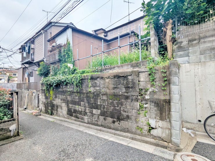 道路側から見た高低差と壁面の様子。草木の状況や周囲の建物との関係も、現地でお確かめください。