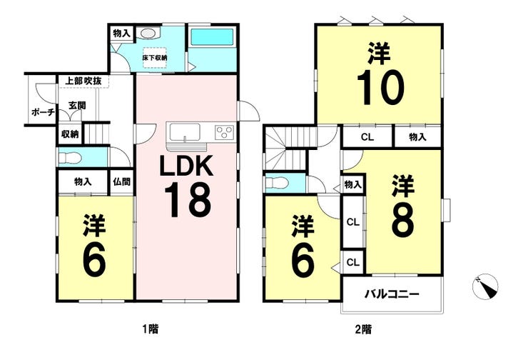 【間取り】
家族が集う18帖LDKに加え、10帖・8帖の広々居室を確保。各所に収納を備えた、ファミリーの暮らしに嬉しいゆとりの4LDKです。