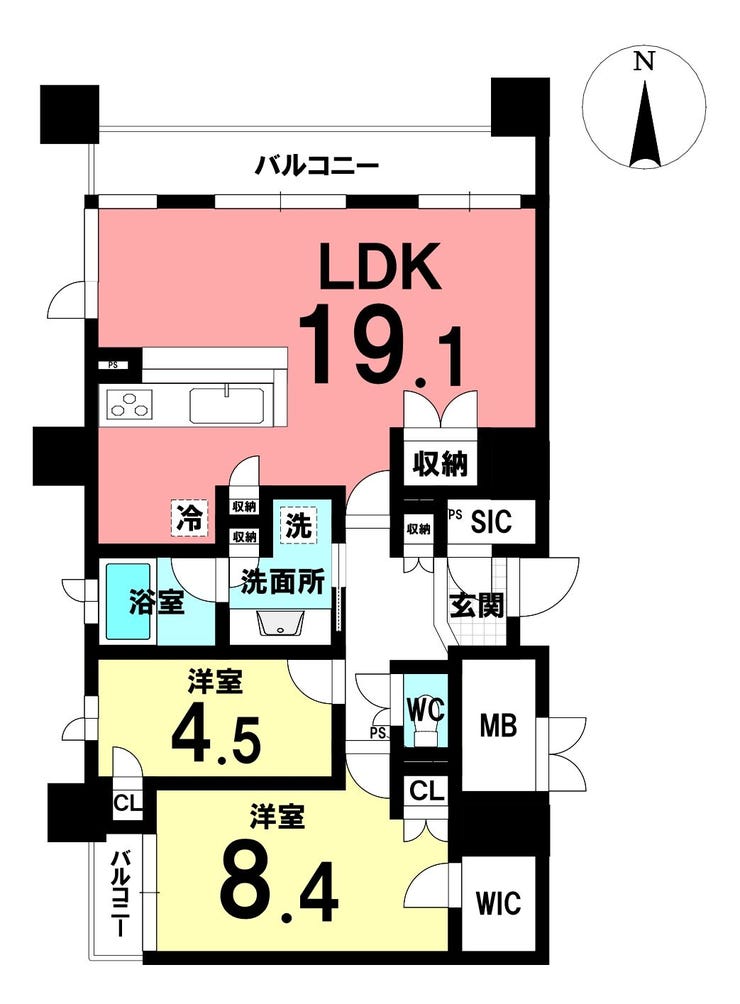 【間取り】
使い勝手の良い2LDKの間取り。約19.1帖の広々としたLDKが魅力的なお部屋です。