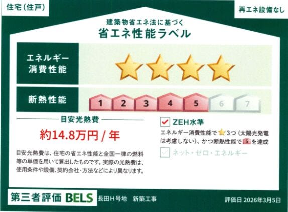 ■省エネ性能ラベル■BELSとは、建築物省エネルギー性能表示制度の略称です。これは建築物の省エネ性能を評価・認証する第三者機関による制度です。