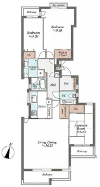 【間取り】
マンション2階部分、3LDKのマンションです。南向きで陽当たり良好、全居室収納部付き。角部屋なので近隣住民への配慮も軽減されます。