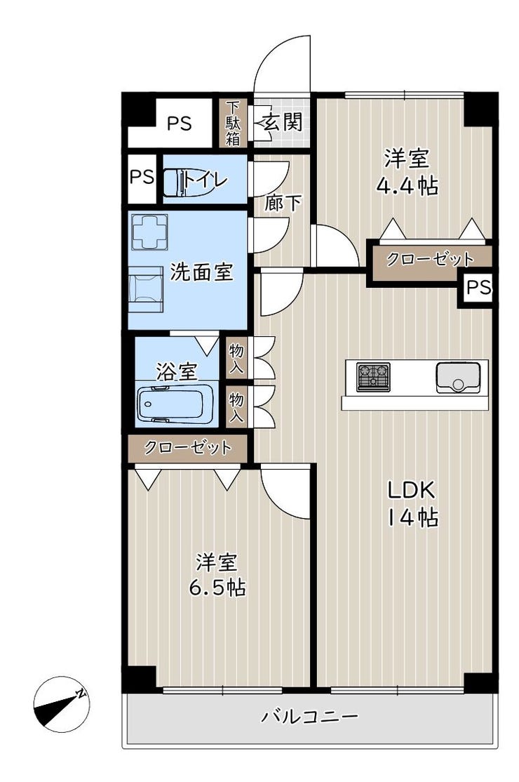 【間取り】
専有面積57.20平米、南東向きの2LDK。新規フルリノベーション済+新規エアコン3台付き!