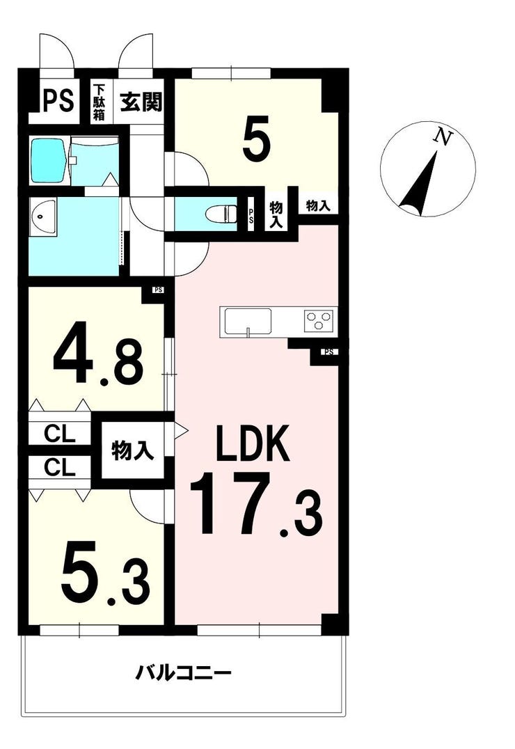 【間取り】
LDK17.3帖の広さが魅力の3LDK。全居室に収納を備え、家族でゆったり暮らせるリフォーム済住戸。