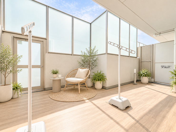青空を感じる開放的なバルコニー。
ちょっとした外時間も楽しめる空間です。
※実際の写真に家具や調度品をCG合成したものです。