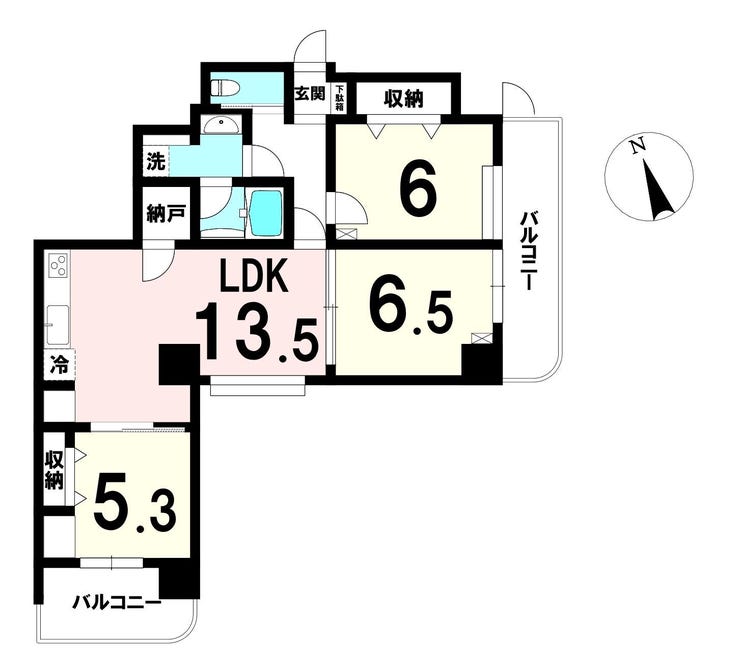 【間取り】
全室採光の明るい3LDKに納戸を備え、収納力と生活動線を両立した南東角部屋プラン。