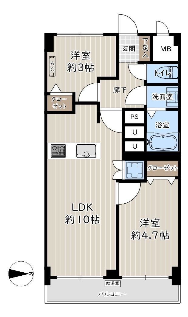 【間取り】
最上階7階+東向き、専有面積45.9平米の2LDK。お部屋はリノベーション済で水回りを含め新規交換済。マンションは2026年5月に大規模修繕工事済です。