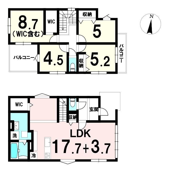 【間取り】
20帖超LDKと各室収納を備えたゆとり設計。主寝室のWICや2面バルコニーで日常が快適になる4LDK。