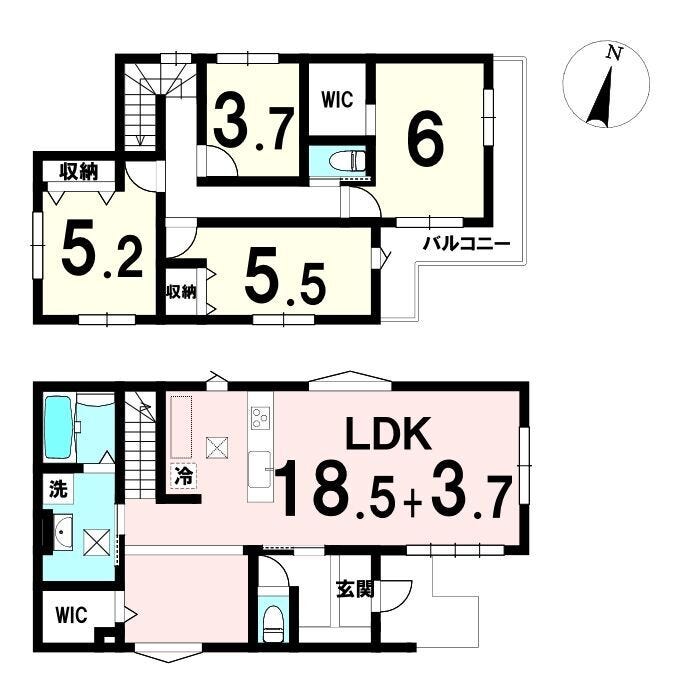 【間取り】
20帖超LDKと各室収納を備えたゆとり設計。主寝室のWICや2面バルコニーで日常が快適になる4LDK。