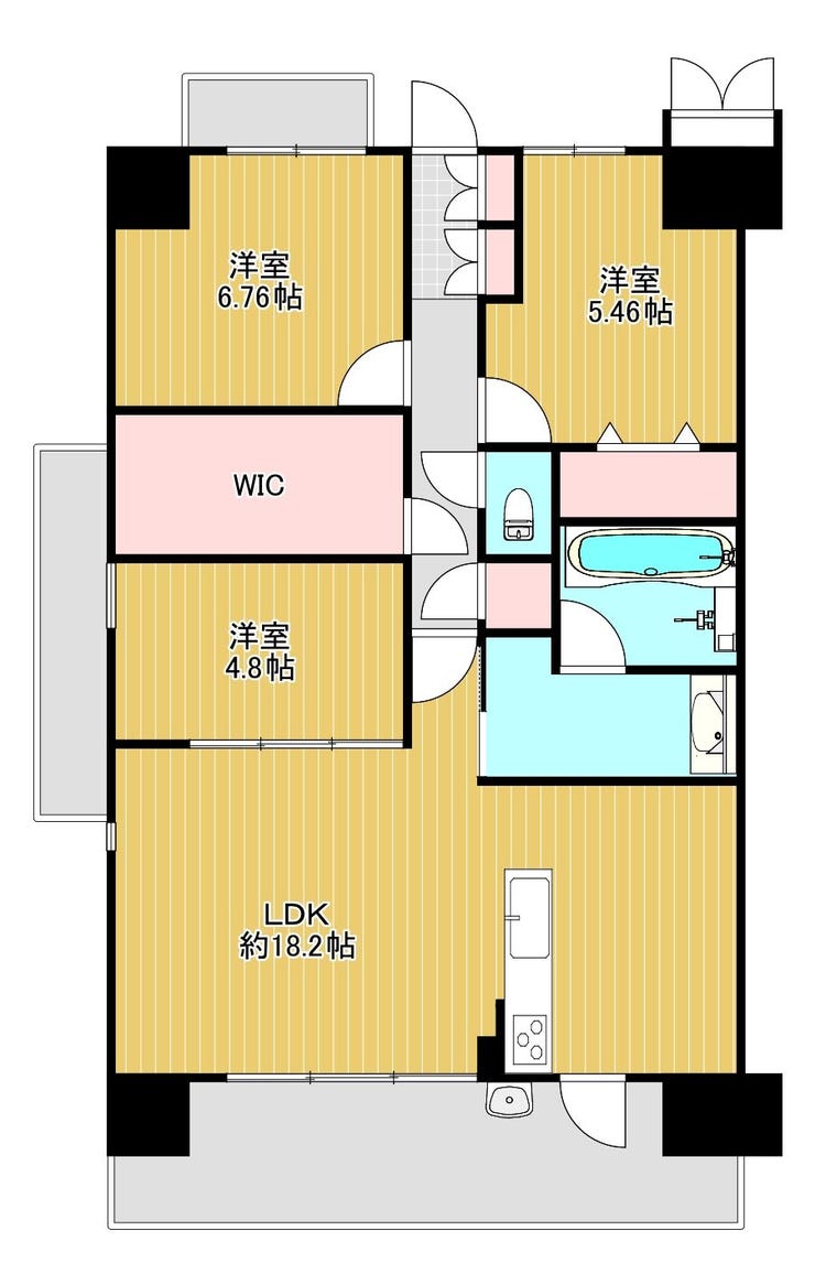 【間取り】
広々LDK18.2帖&3LDK!大型WIC付き。