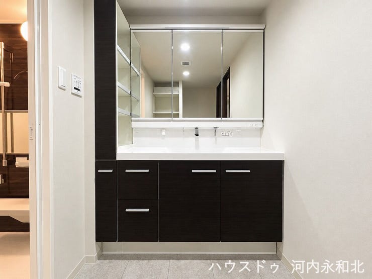 毎日立つ場所だからこそ贅沢に。広い鏡と充実の収納がゆとりある朝を叶えます。