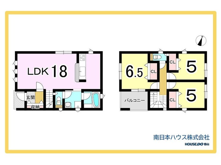 【間取り】
18帖のLDKを中心に、2階に3室を配置した3LDK。全居室収納付きで、玄関収納やバルコニーも備えています。