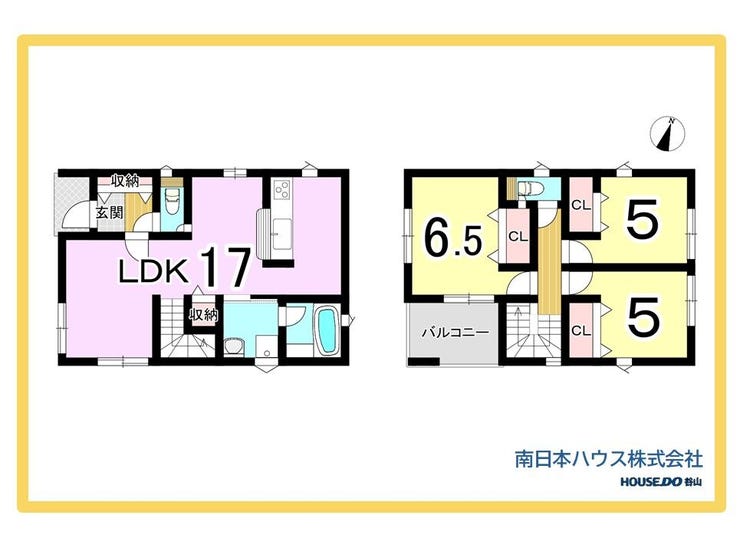 【間取り】
17帖のLDKに収納を備え、2階は6.5帖+5帖2室の3LDK。全居室収納付きで、すっきり暮らせる間取りです。