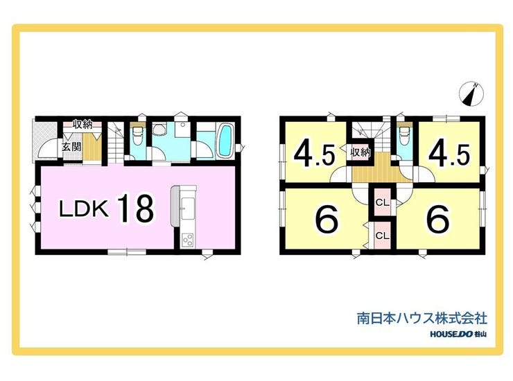【間取り】
18帖のLDKを中心に、2階は3居室+4.5帖のテレワークルームを備えた3LDK。仕事や趣味にも活用できます。