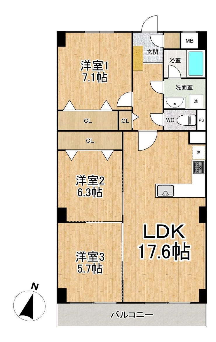 【間取り】
◆3LDK◆専有面積80.00㎡◆バルコニー面積7.68㎡