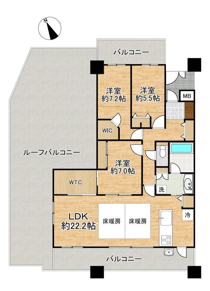 【間取り】
■3LDK■専有面積97.14㎡■バルコニー面積31.50㎡■ルーフバルコニー面積70.77㎡