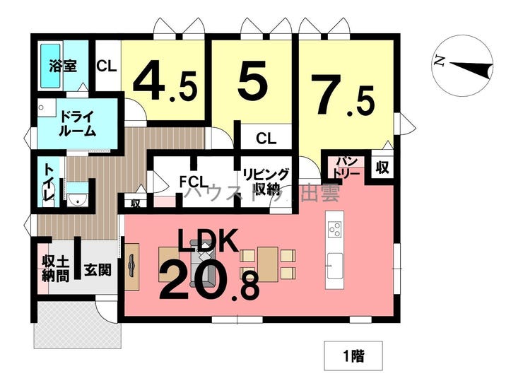 【間取り】
平家のお家です。3SLDKの間取です。LDKが20.8帖あり家族団らんの時間をゆったりした空間で過ごすことが出来ます。