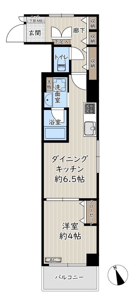 【間取り】
4階部分・専有面積36.18平米の1DK。間取り図で室内の配置をご確認いただけます。