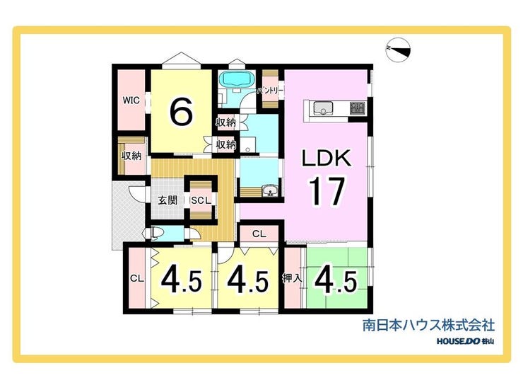 【間取り】
平屋建ての4LDK。リビング広々17帖に全居室収納、WIC、パントリー、SCLなど充実の居住空間です!
