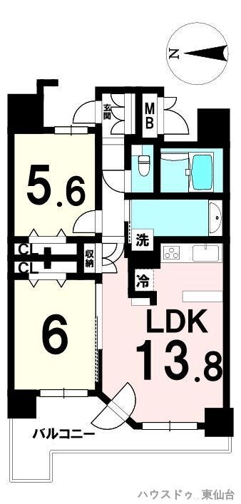 【間取り】
LDK13.8帖で家具配置がしやすい整形空間です。
洋室は5.6帖・6.0帖で使い勝手が良く、収納も充実しています。
アルコーブ付きの玄関でプライバシー性が高い住戸です。