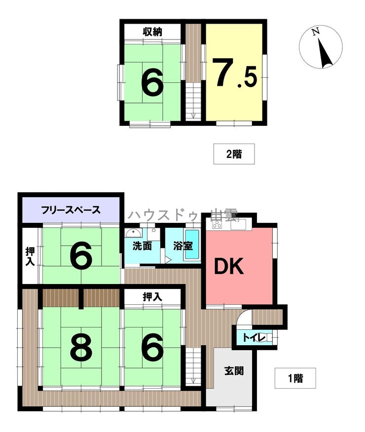 【間取り】
5SDKの間取のおうちです。二階に二部屋ありますので個人部屋として使ってもいいですね。一階は和室が続き間になっていて来客があった際に広く広げて使うことができます。