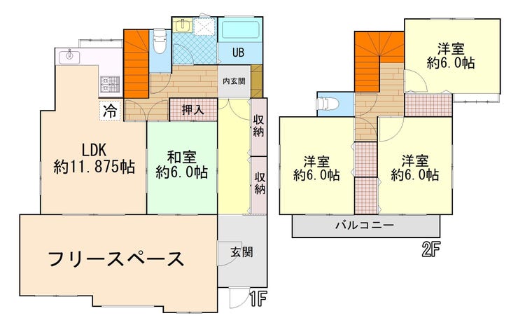 【間取り】
全居室約6帖の4LDK+フリースペース。家族の団らんや趣味、来客時など、暮らしに合わせて多彩に活用できる住まいです。